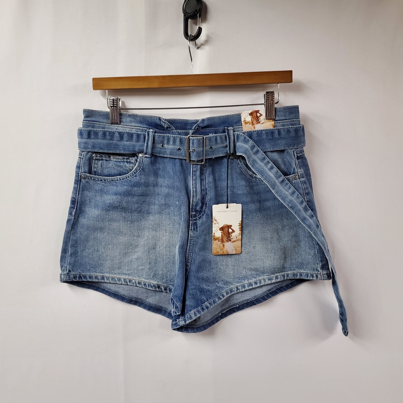 Sincerely Jules Jean Shorts Womens 9/29 Belted High Rise Stretch Blue Distressed